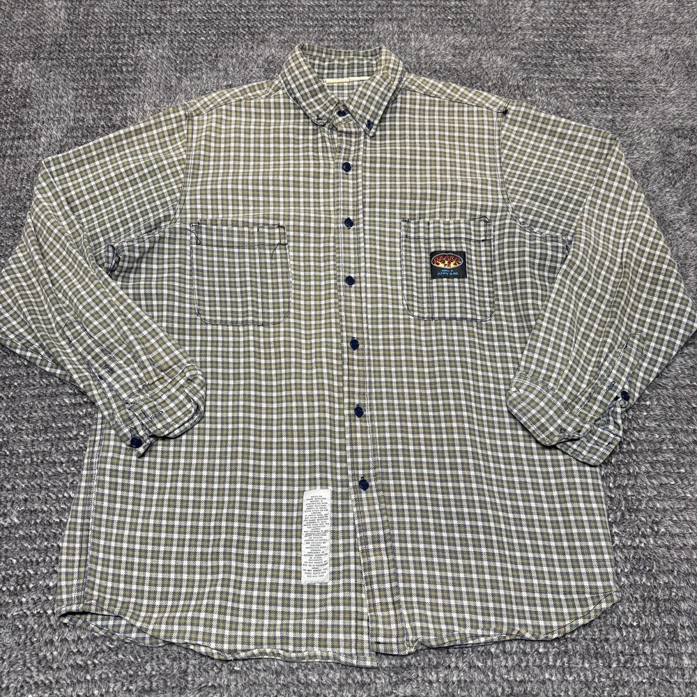 RASCO FR Mens XL Flame Resistant Work Shirt Plaid Long Sleeve Olive Blue